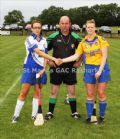 Armoy Captain Paula Scally, Rasharkin Captain Maeliosa Hardy with match referee John McKillop (Ruairi Og Cushandall)